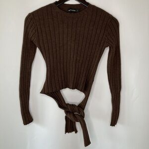 PrettyLittleThing Chocolate Knot Backless Ribbed Knitted Crop Top Size Large